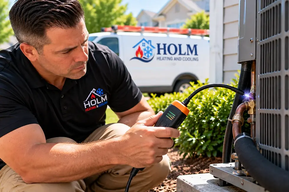 HVAC technician checking an air conditioner for a refrigerant leak in Wake Forest NC