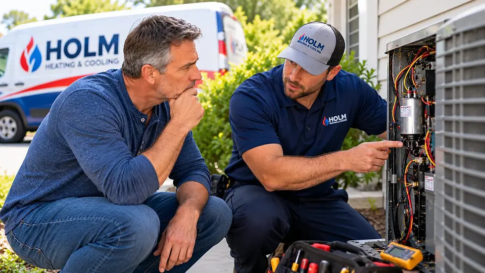 Holm Heating & Cooling technician inspecting HVAC components during a maintenance visit