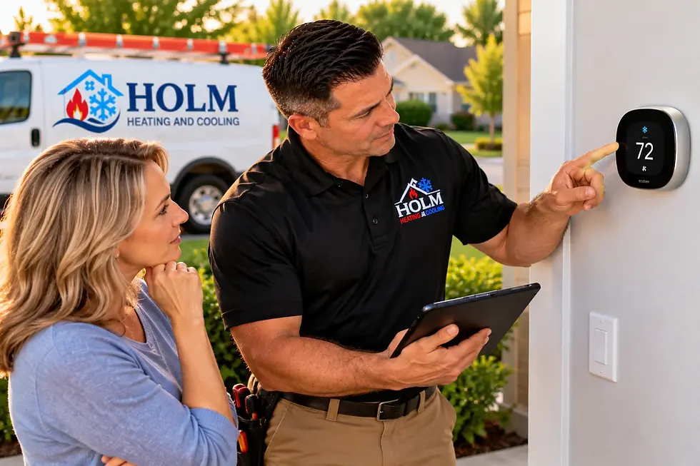 HVAC technician discussing air conditioner repair or replacement options with a homeowner