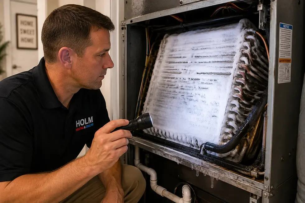 HVAC technician inspecting a frozen evaporator coil covered in ice inside a residential air handler during an AC cooling diagnosis.
