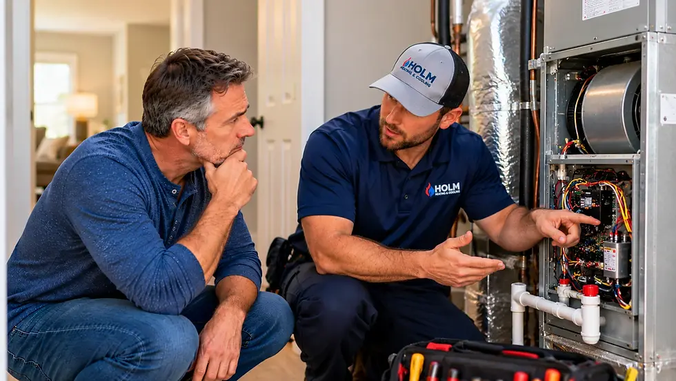 Holm Heating & Cooling technician explaining HVAC system components and potential failures to a homeowner