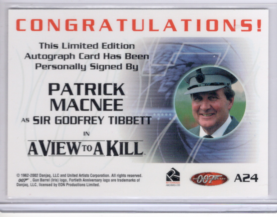 Thumbnail: Patrick MacNee autograph card from A View To A Kill