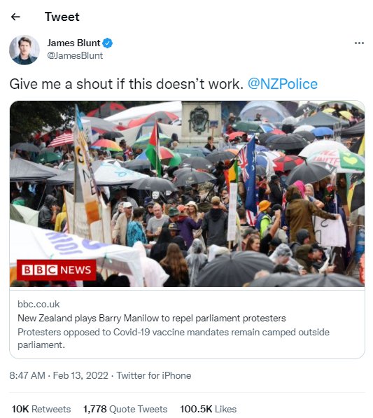 Tweet to NZ Police From James Blunt