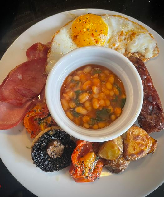 Full English Breakfast with green flakes in beans on Rate My Plate