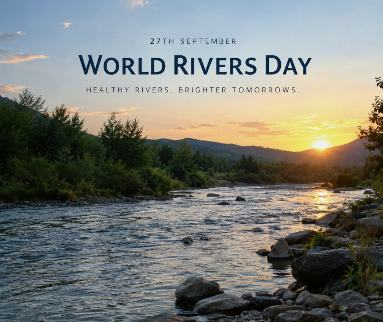 Scenic river flowing through a green countryside valley at sunset, celebrating World Rivers Day on 27 September and the importance of healthy rivers and water conservation.