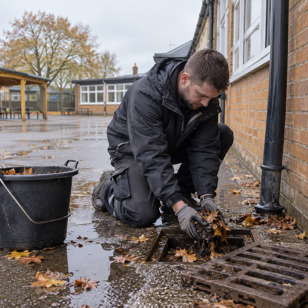 A school caretaker unblocking a gully grate of leaves and debris