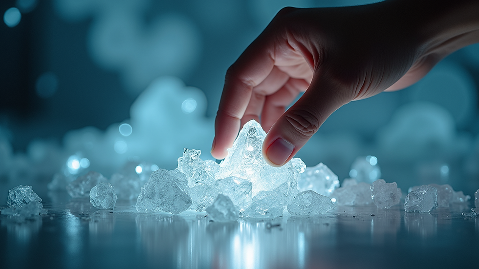 Vue rapprochée d’une main posée délicatement sur un cristal énergétique