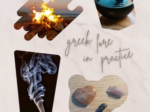 Greek Lore in Practice Synergy to Synastry Warm marble background with a collection of uniquely shaped images in a collage: Ancient Greek divination methods including fire and smoke capnomancy, hydromancy and scrying, crystal healing with peach moonstone and rose quartz and owl of athena