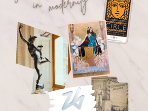 Greek Lore in Modernity Synergy to Synastry Warm marble background with a collection of uniquely shaped images in a collage: statue of Hermes (black with a winged helmet and shoes and spiral wand in one hand and extended fingers in the other), The Chariot card from the Moonchild Tarot Deck (neutral background golden chariot with flowers woman with long brown hair teal dress and black starry sky cape), Circe by Madeline Miller(black and orange audiobook cover on a phone), 26 Milano Corona 2026 logo, and Athena original Olympics poster (tan faded drawing of a man on stairs)