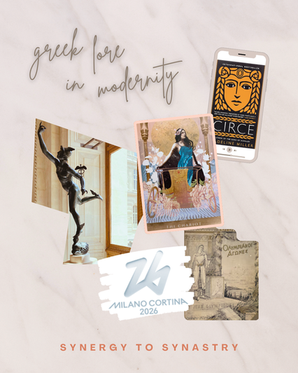 Warm marble background with a collection of uniquely shaped images in a collage: statue of Hermes (black with a winged helmet and shoes and spiral wand in one hand and extended fingers in the other), The Chariot card from the Moonchild Tarot Deck (neutral background golden chariot with flowers woman with long brown hair teal dress and black starry sky cape), Circe by Madeline Miller(black and orange audiobook cover on a phone), 26 Milano Corona 2026 logo, and Athena original Olympics poster (tan faded drawing of a man on stairs)