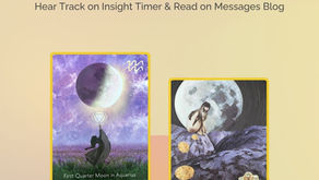 Read by Renee July 2026 Psychic Forecast Hear Track on Insight Timer & Read on Messages Blog First Quarter Moon in Aquarius Trust the Universe green field with purple flowers and sparkly sky. 5 of Pentacles grey and purple boulders with a huge full moon and woman swatting with five golden coins. Moonology manifestation oracle deck the moonchild tarot deck