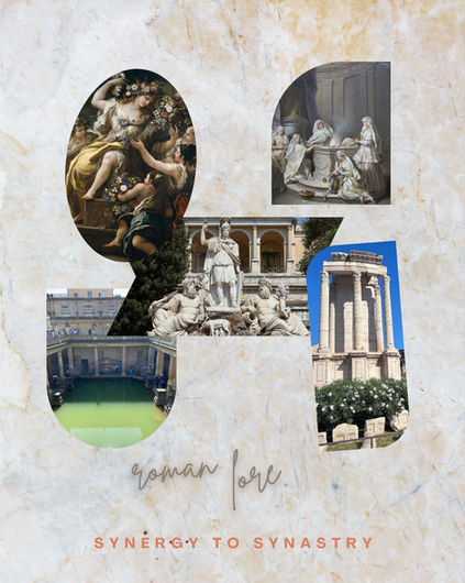 Roman Lore Synergy to Synastry
Antique limestone with white tan and yellow undertones, images contained within a variety of frame shapes: Flora (woman in white an yellow dress draped and crowned in flowers leaning towards young women), group of women dressed in white cloaks and head coverings kindling a fire inside a temple, vestals), Dea Roma status of a woman in warrior gear flanked by bearded men laying down as she reaches upward holding a sword, trees and tan building in the background), roman baths (green cloudy water surrounded by limestone walls, image taken in Bath, UK), Vesta Temple (green bush with white flowers below the ruins of a temple with three columns, blue sky)