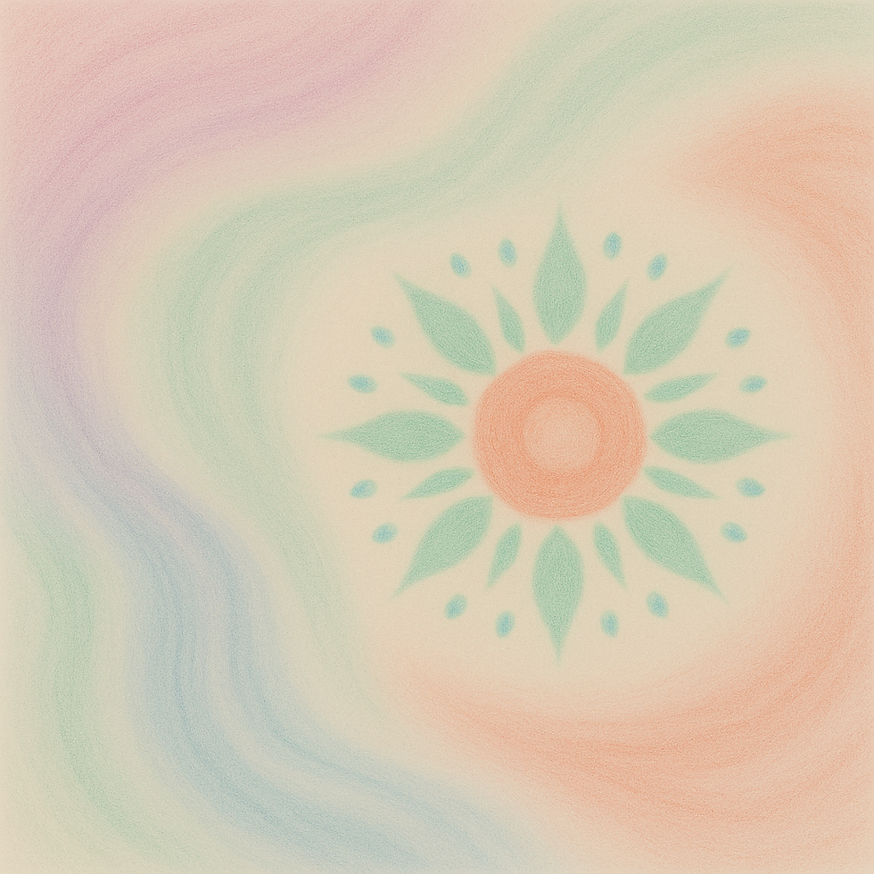 Intuïtieve pasteltekening met roze, paars, mintgroen en zalmroze die rust en balans uitstraalt.