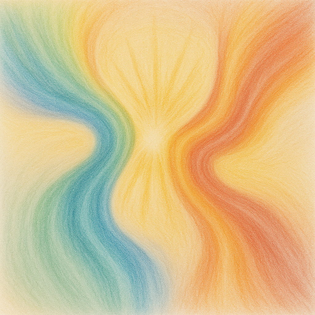 Intuïtieve tekening met twee stromende energiebogen in blauwgroen en warm oranje die naar een helder gouden centrum bewegen,