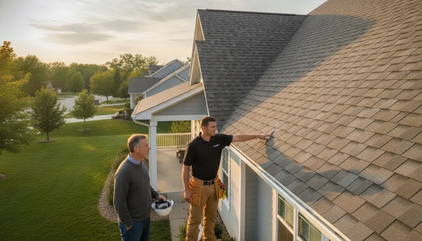 Minnesota roofing contractor reviewing a shingle roof system with a homeowner