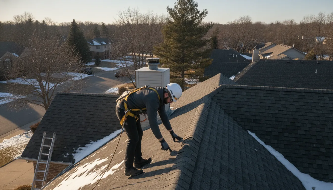 Roofing professional safely inspecting asphalt shingles on a Minnesota home