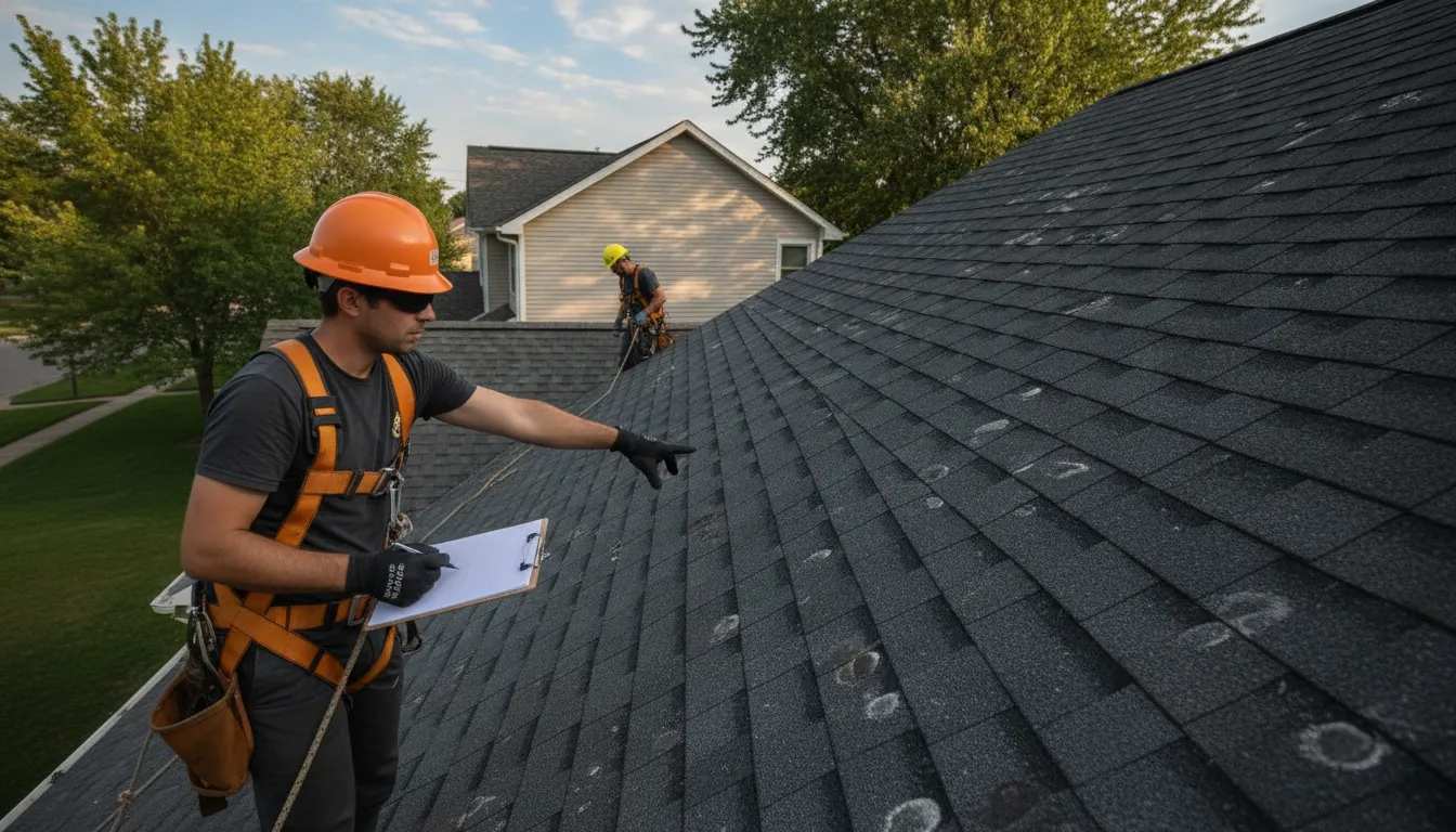 Roofing professional pointing at hail damage on an asphalt shingle roof during a daylight inspection