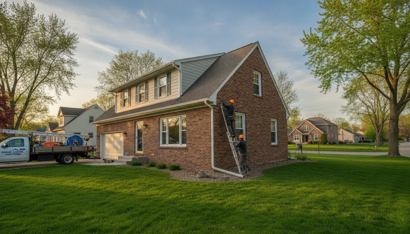 Seamless gutter installation on a Minnesota home with professional downspout routing