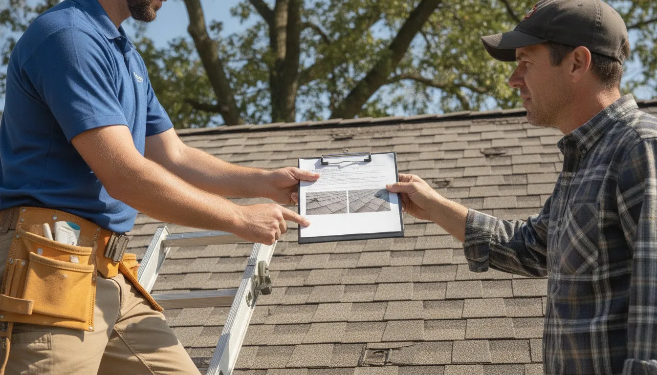 Roofing contractor reviewing a roof inspection report with a Minnesota homeowner