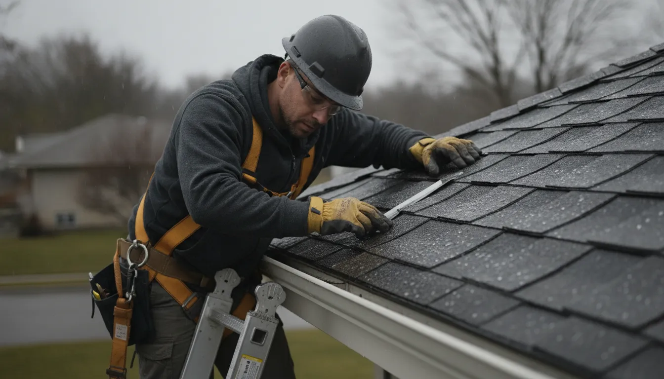 Homeowner observing roof shingles and flashing from the ground after rain