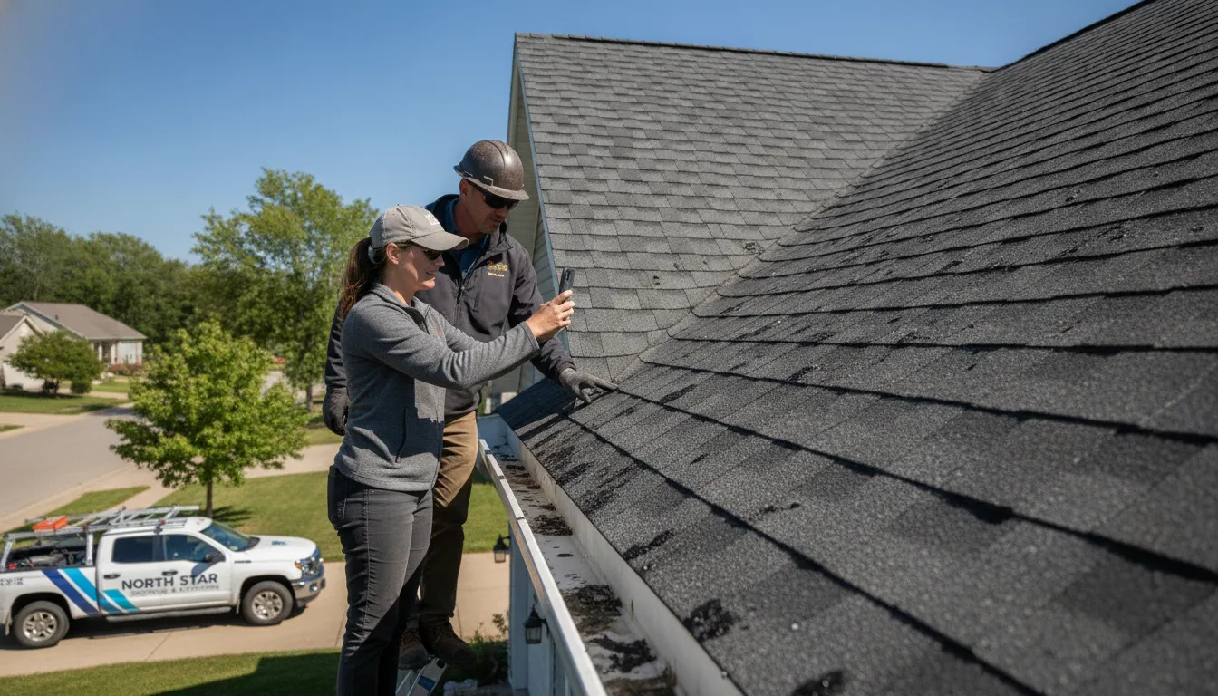 Roofing contractor and homeowner inspecting hail damage on a Minnesota residential roof together