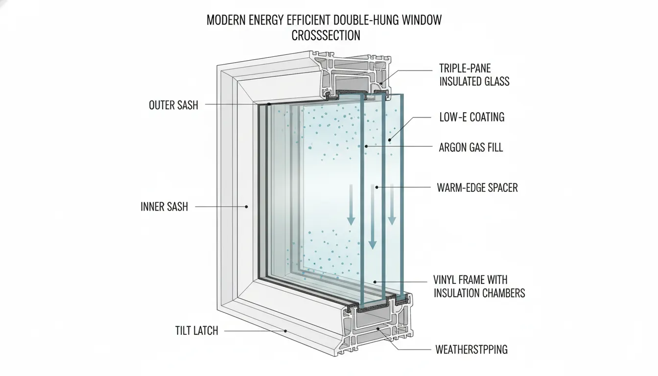 Cross-section diagram of an energy efficient window showing multi-pane glass, low-E coating, and argon gas fill layers