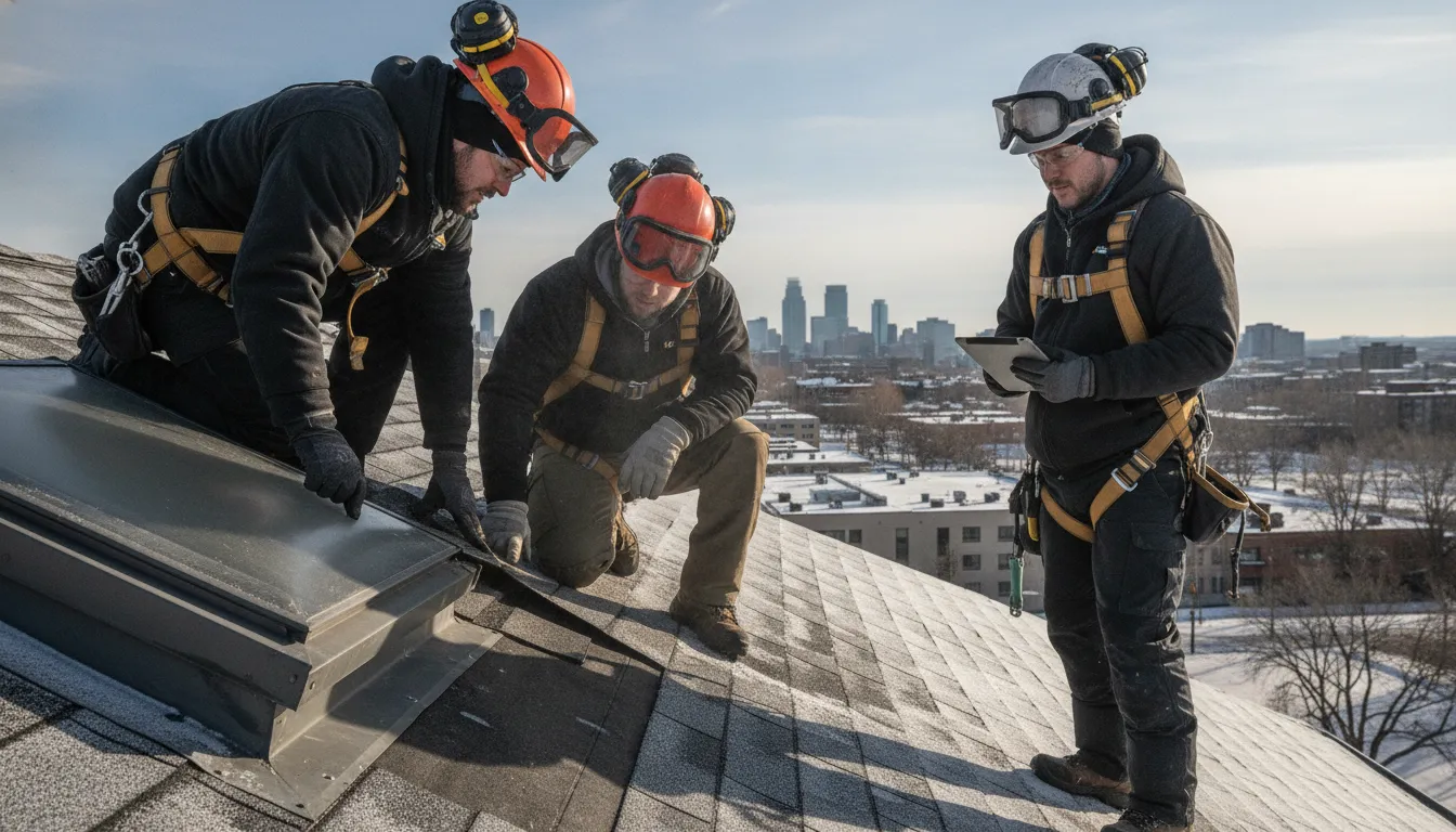 Minnesota roofing professional inspecting flashing and underlayment