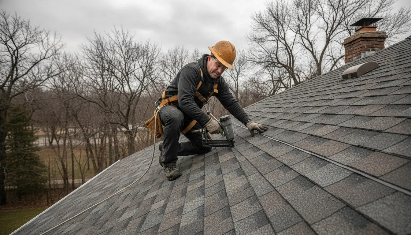 Minnesota roofer installing dimensional asphalt shingles with fall protection