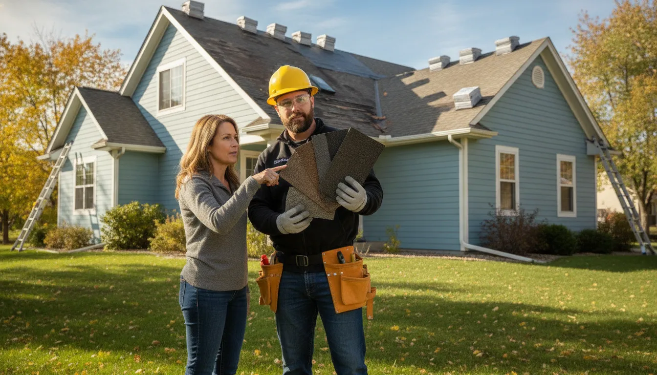 Roofer and homeowner reviewing GAF vs Owens Corning vs TAMKO shingles for a Minnesota roof