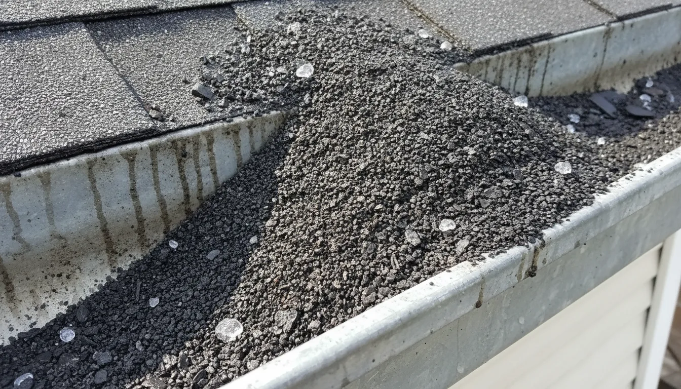 Gutter downspout with pile of dark shingle granules washed off after hailstorm