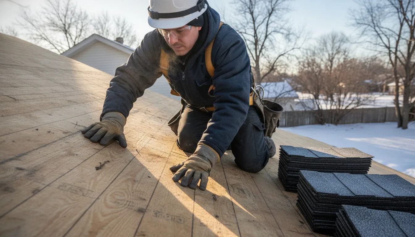 Roofer inspecting a dry roof deck during a cold-weather work window