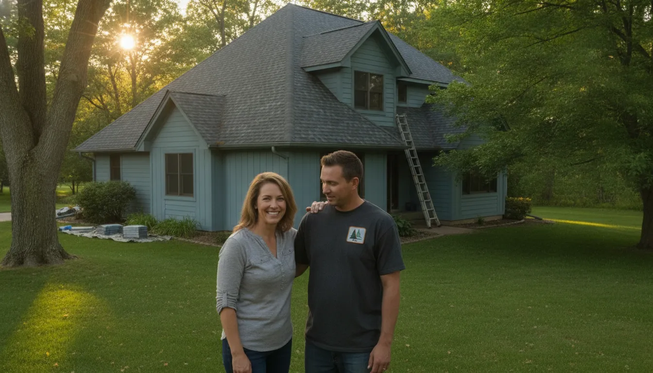 Roofing contractor speaking with a Minnesota homeowner next to a completed roof replacement