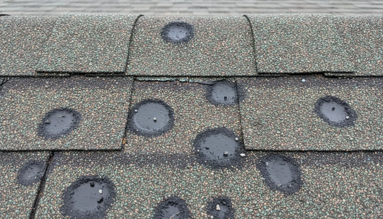 Close-up of an asphalt shingle showing round dark hail impact marks and granule loss