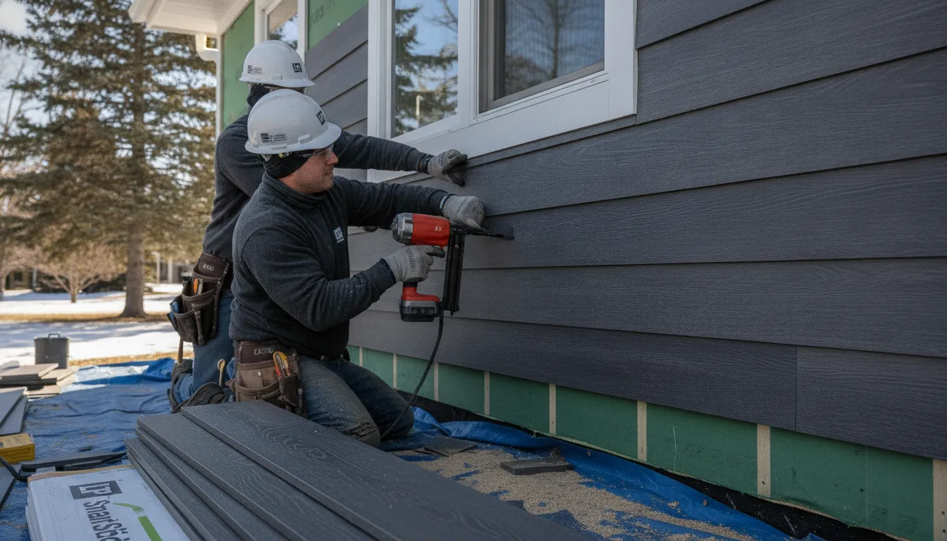 Professional contractor installing LP SmartSide engineered wood siding on a Minnesota home