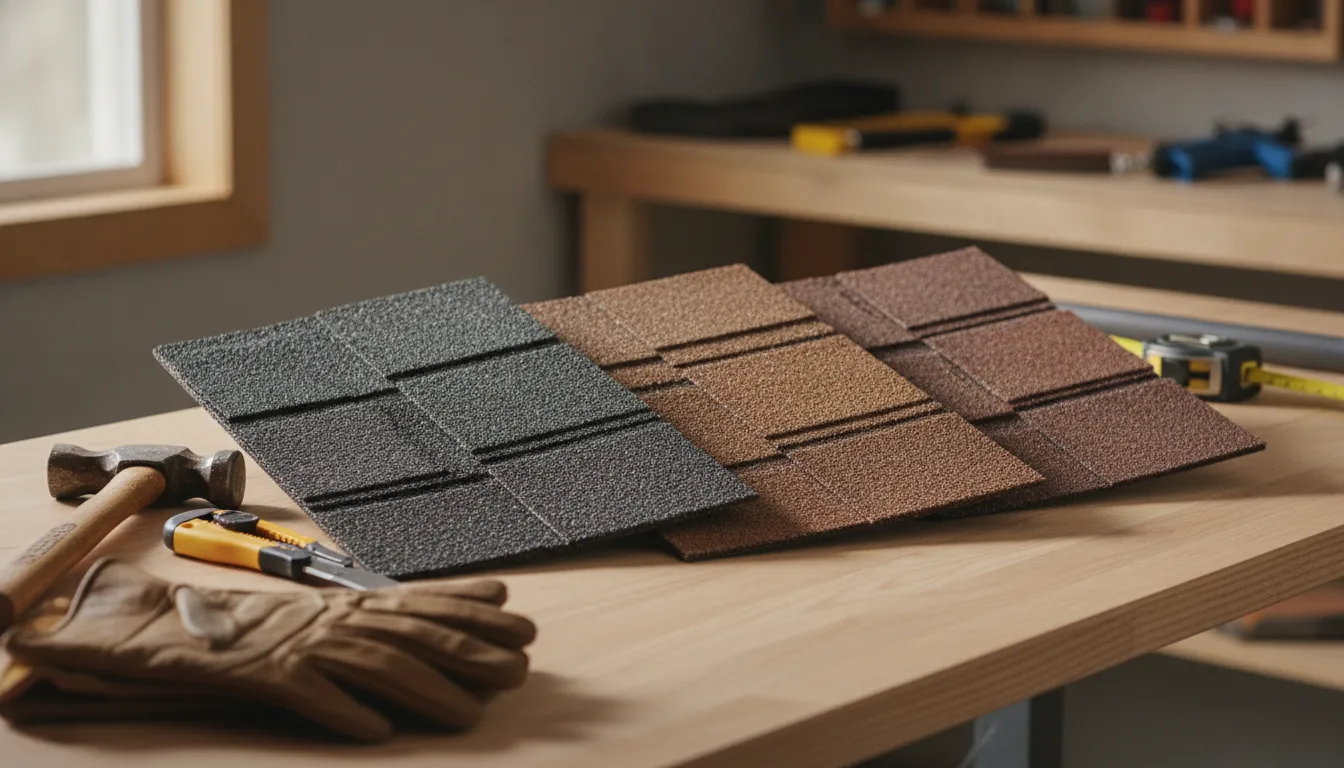Three asphalt shingle samples for a GAF vs Owens Corning vs TAMKO shingles comparison