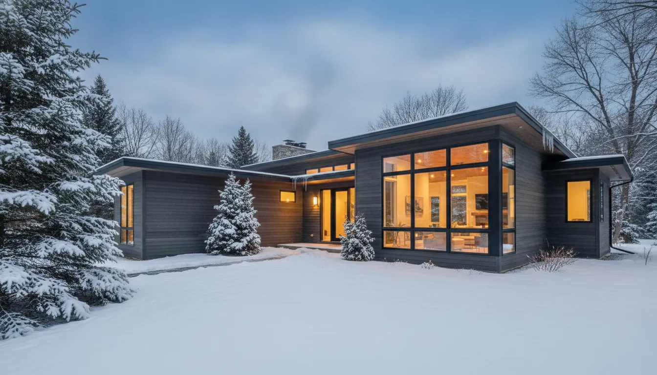 Minnesota home exterior with new energy efficient windows installed, snowy landscape