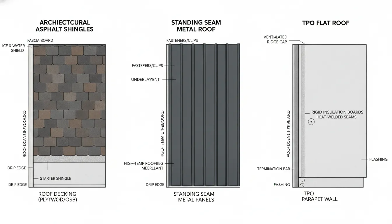 Side-by-side comparison of asphalt shingle, metal, and TPO roofing material cross-sections