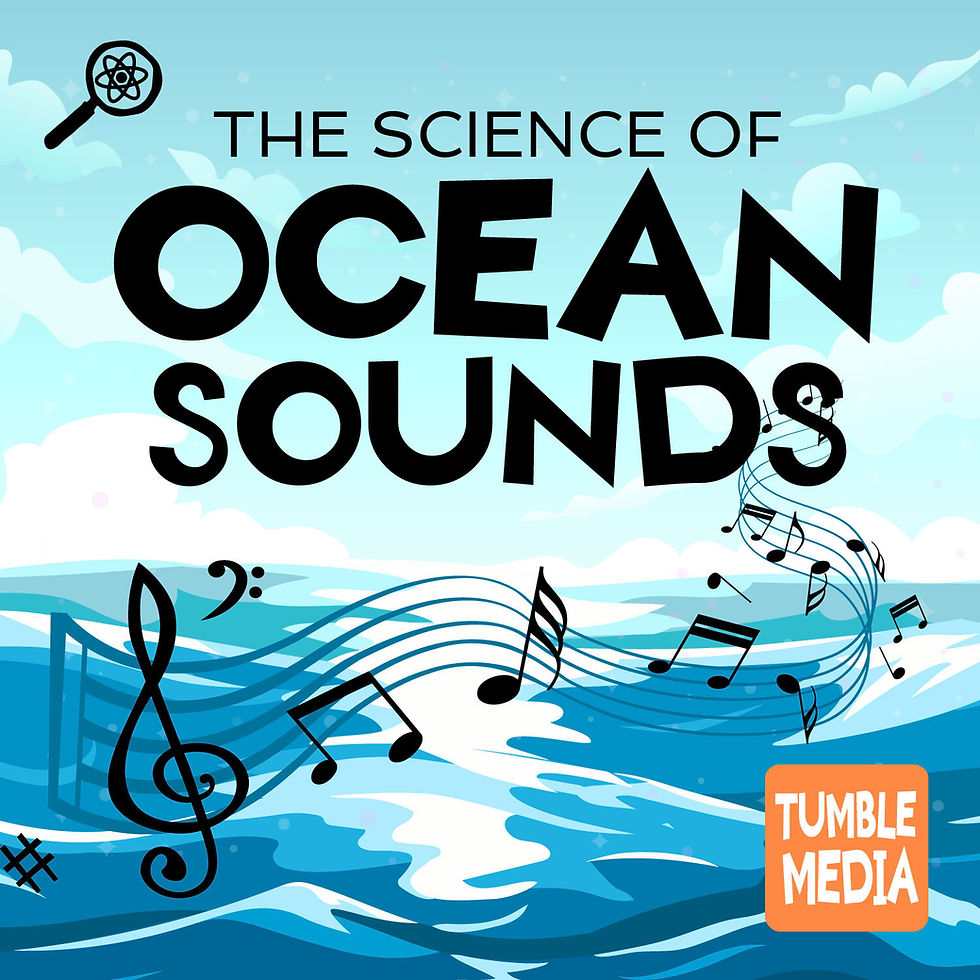 Episode art for The Science of Ocean Sounds. Depicted in the image: roaring seas are below a blue sky. Musical notes and a musical staff wave over the ocean.