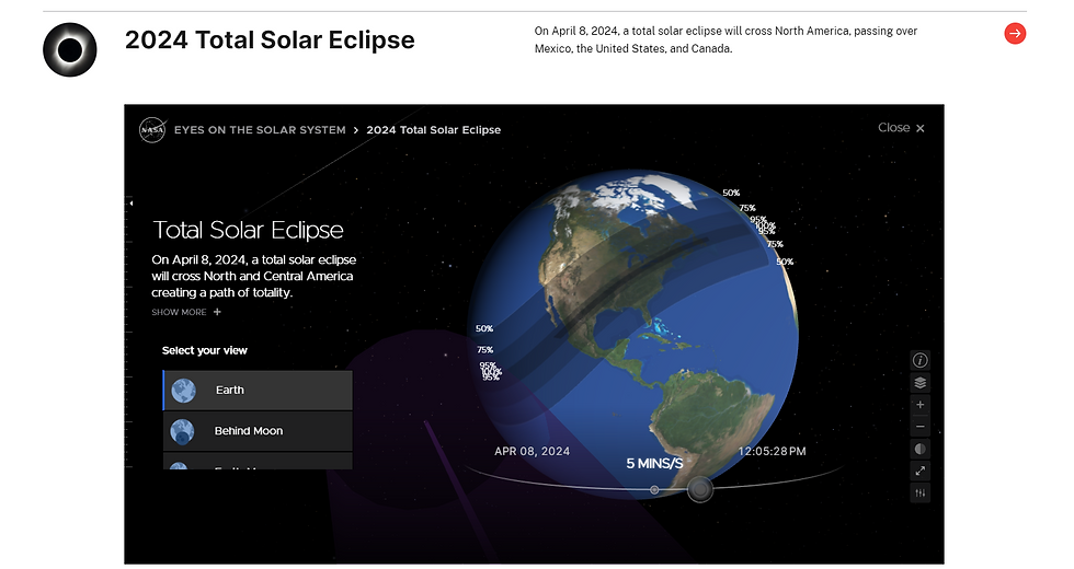 Screenshot of the NASA eclipse webpage. The globe and the path of totality are displayed with a time lapse.