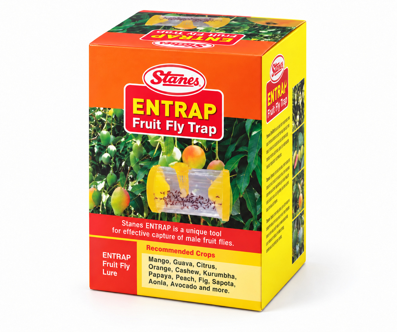 Entrap FruitFly Mango — upright studio reconstruction from T. Stanes reference; International packaging; Zimbabwe-specific label not verified.