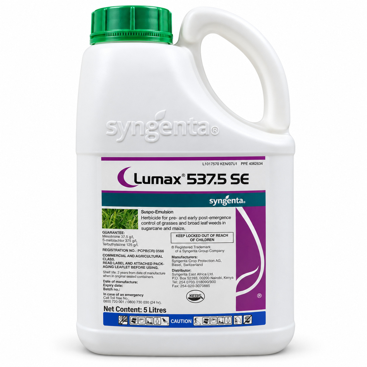 Lumax 537.5 SE by Syngenta, 5 Litres. Virtual studio photograph based on an exact Kenyan reference pack.