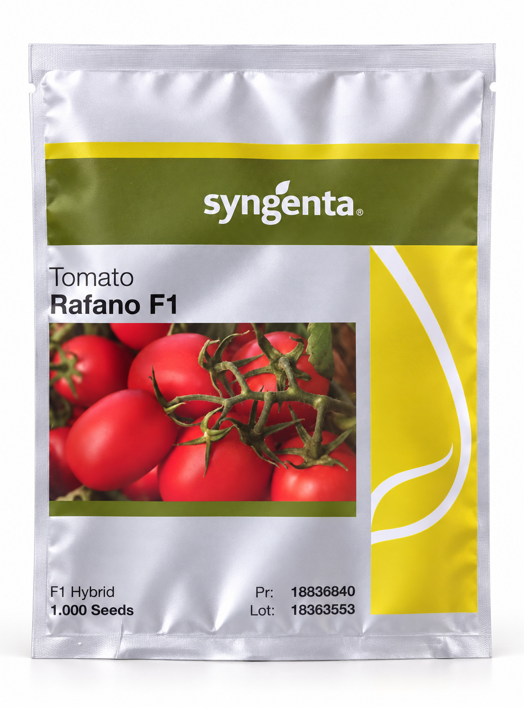 Rafano F1 Jam Tomato — upright studio reconstruction from Syngenta reference; Southern Africa-style silver/green/yellow pouch; source reseller Mozambique, Zimbabwe-specific label not verified.