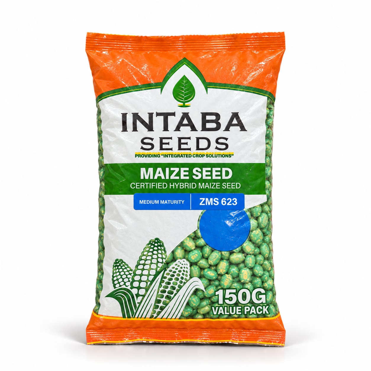 ZMS 623 maize seed pack, 150 g value pack, upright on a white studio background