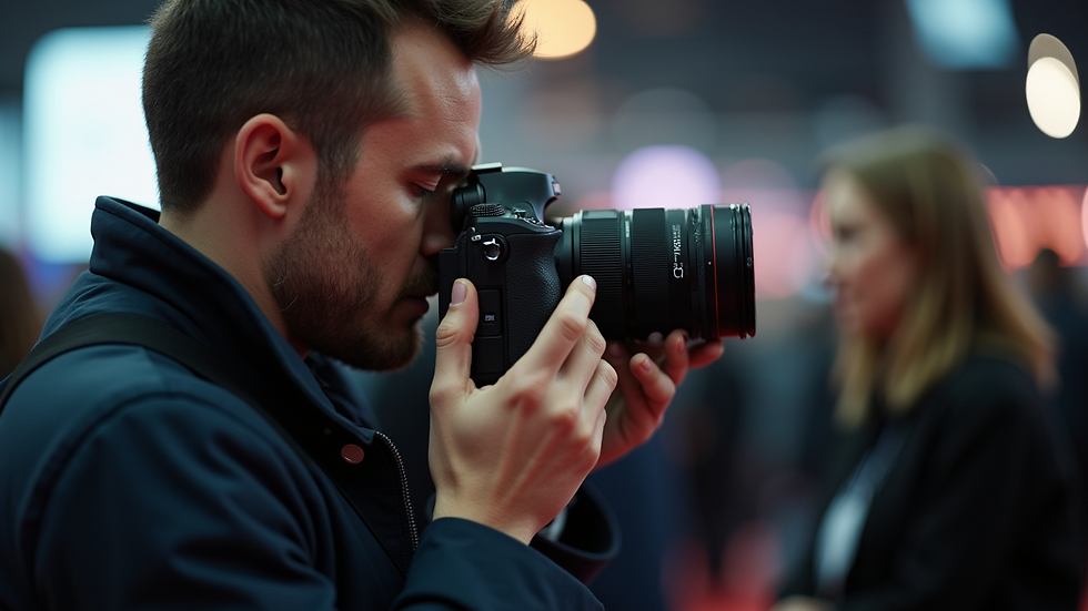 Close-up view of a photographer adjusting camera settings at an event