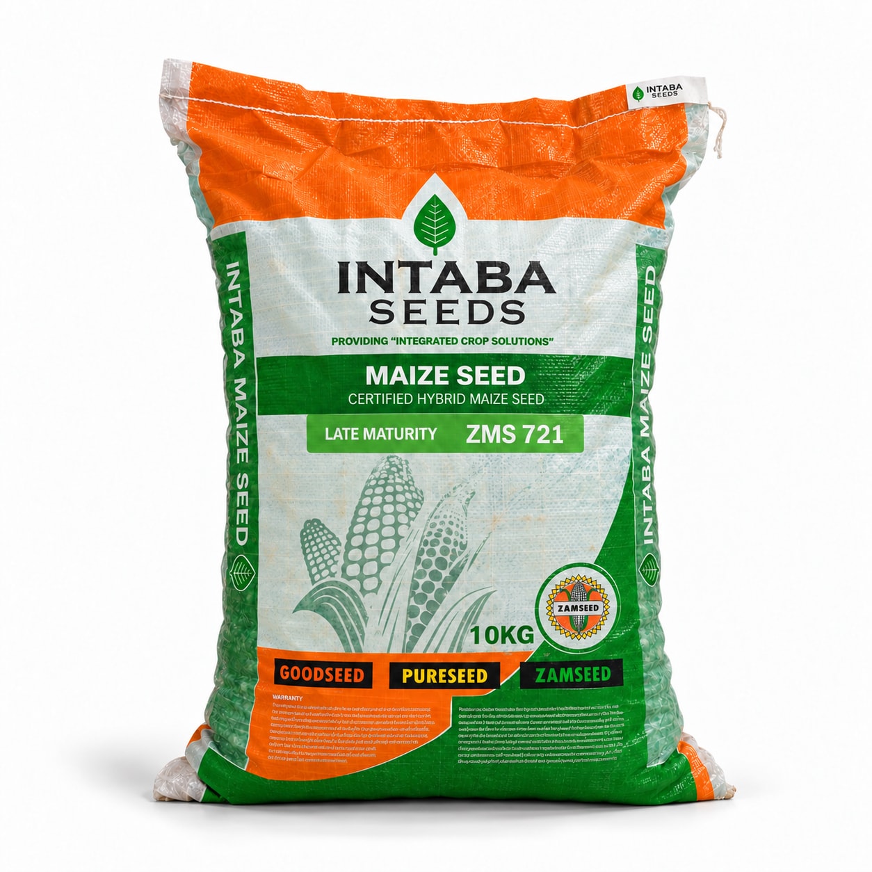 ZMS 721 maize seed bag, 10 kg, upright on a white studio background