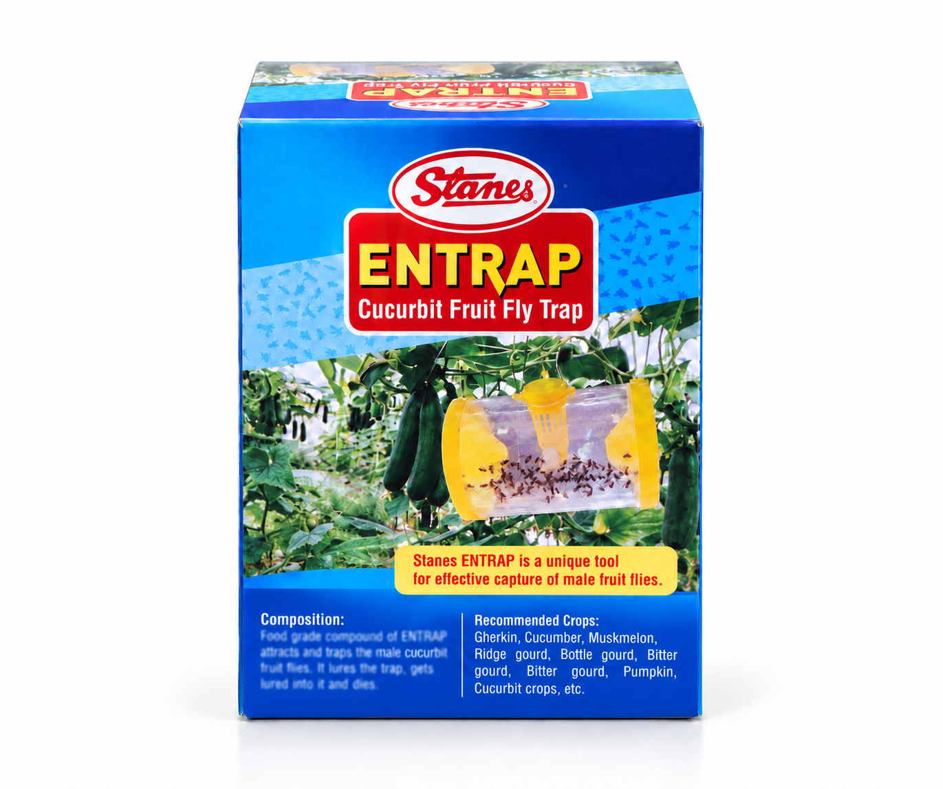 Entrap FruitFly cucurbits — upright studio reconstruction from T. Stanes reference; International packaging; Zimbabwe-specific label not verified.