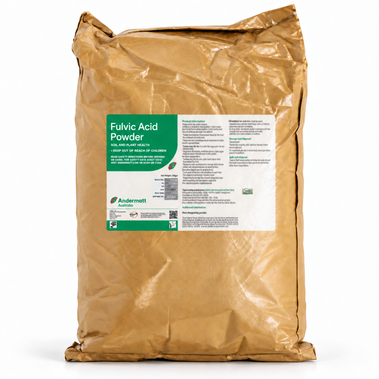 Fulvic Powder — upright studio reconstruction from Andermatt reference hosted by the South Africa manufacturer; Australian label wording observed in source. Zimbabwe-specific packaging not verified.