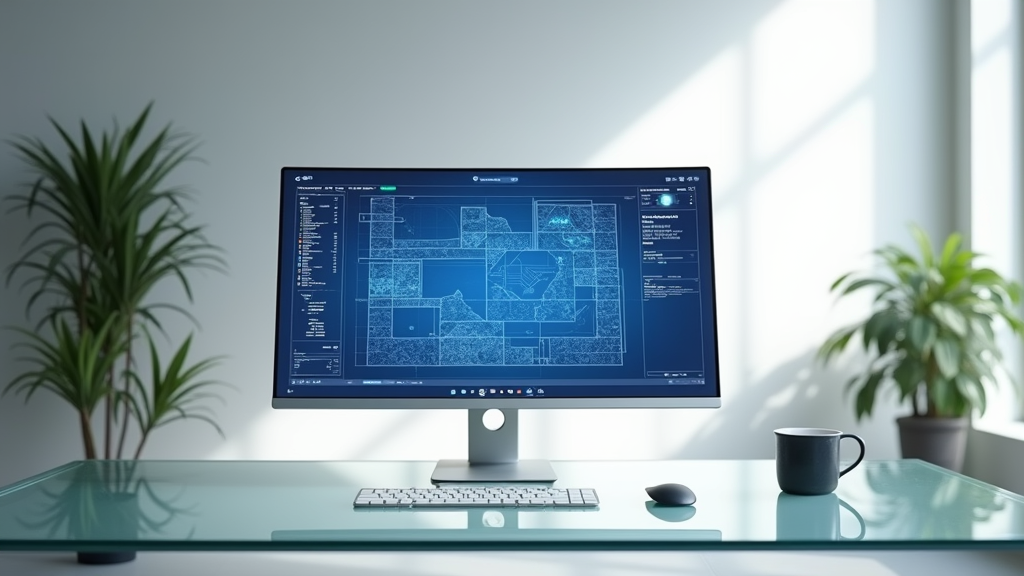 A desktop computer showing blue tech analytical images on a clean desk.