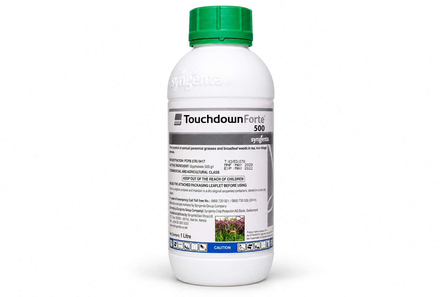 Touchdown Forte 500 SL — upright studio reconstruction from Syngenta reference; Kenya English/Swahili label; Zimbabwe-specific label not verified.