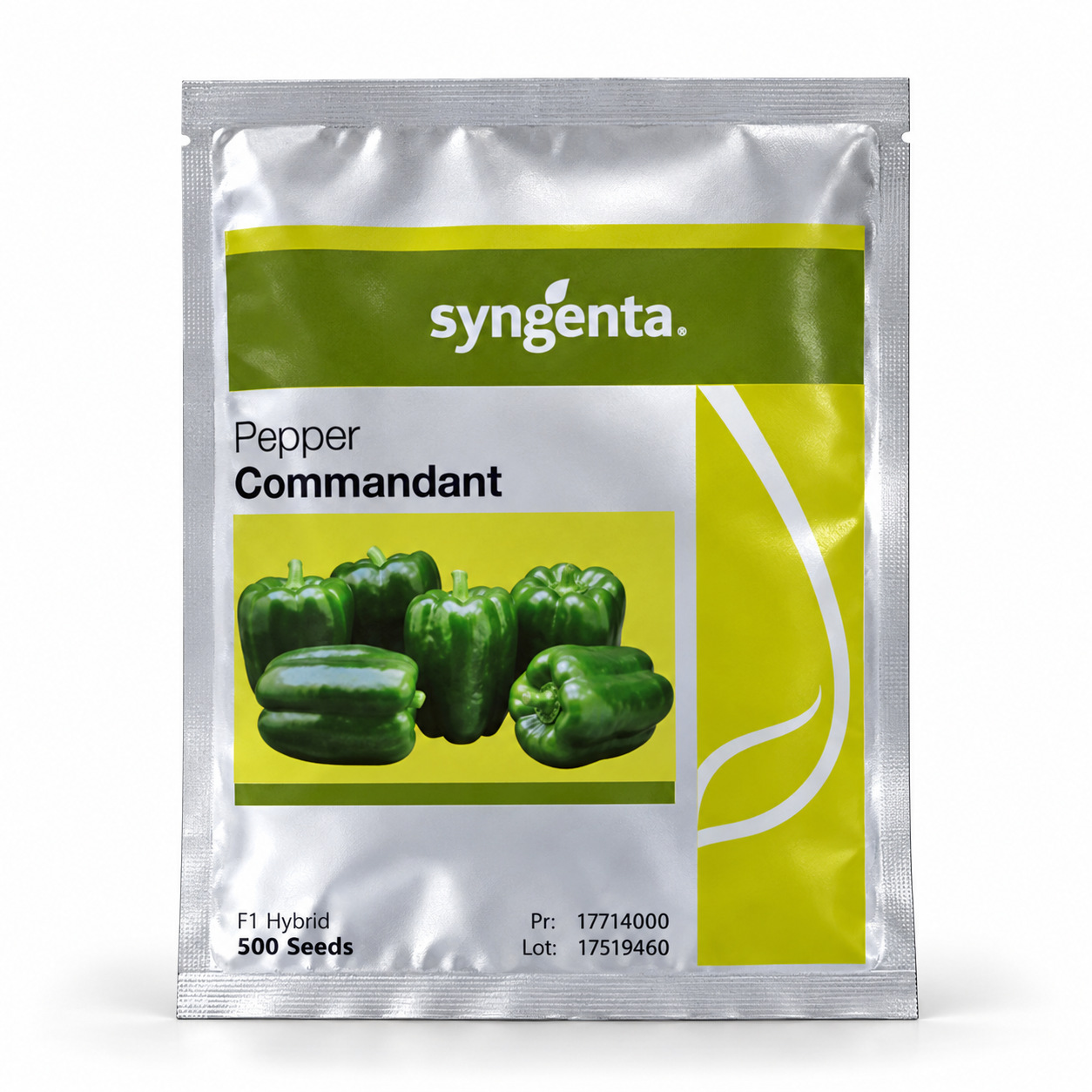Commandant F1 Sweet Pepper, 500 Seeds. Virtual studio image based on authentic Syngenta packaging, with quantity adapted to the client stock list.